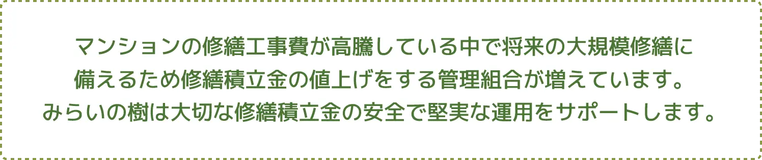 マンションの修繕工事費が高騰している中で将来の大規模修繕に備えるため修繕積立金の値上げをする管理組合が増えています。みらいの樹は大切な修繕積立金の安全で堅実な運用をサポートします。
