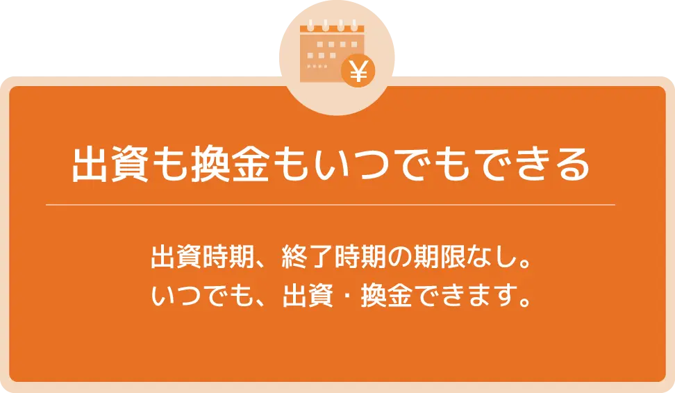 出資も換金もいつでもできる。出資時期、終了時期の期限なし。いつでも、出資・換金できます。