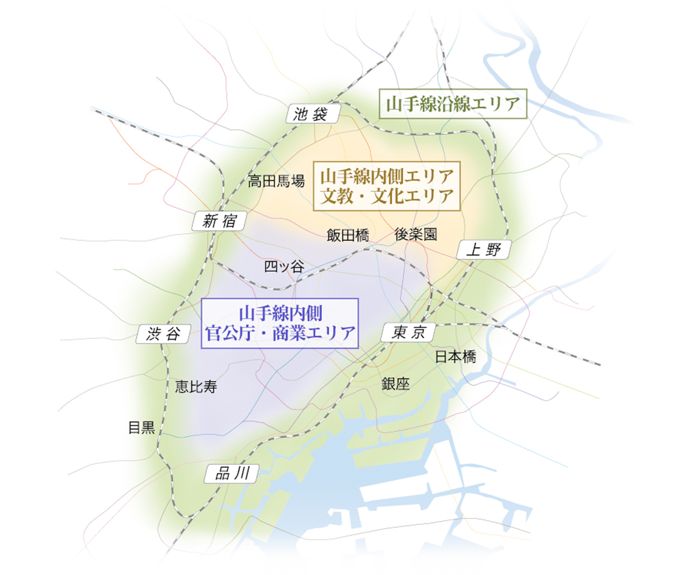 コンシェリアが建つ場所は山手線エリアを中心とした東京の中心部です